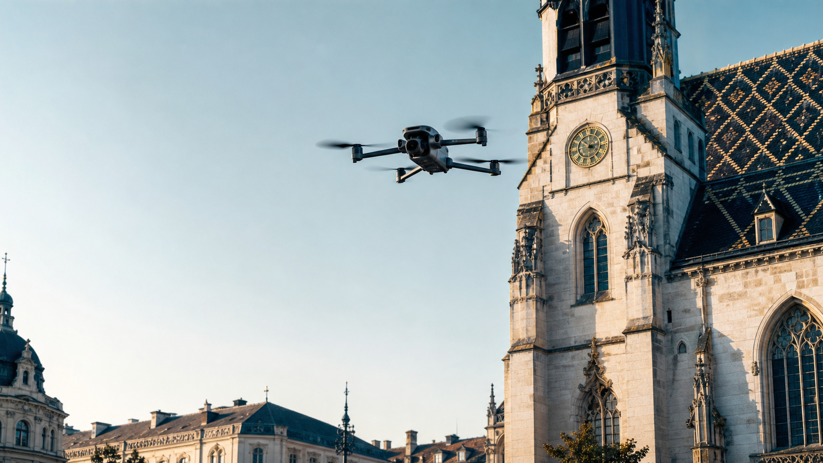 Dron DJI sobrevolando la torre y la cubierta de una iglesia histórica