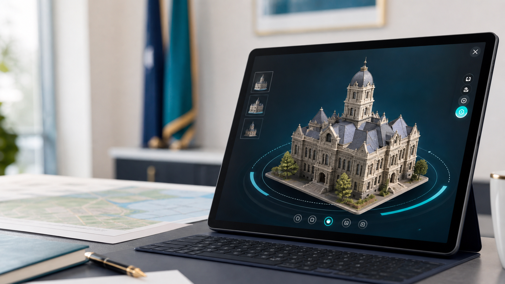 Modelo 3D de un edificio municipal explorado desde una tablet